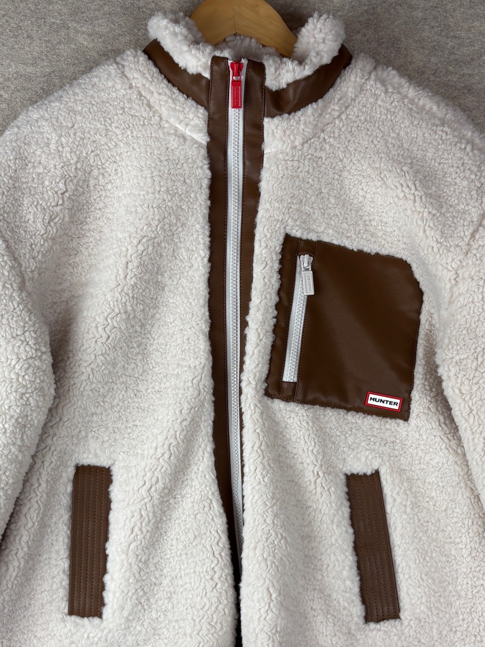 NWT Hunter Emma High Pile Fleece Jacket Cream Brown Cozy Sherpa Coat Medium - Picture 3 of 16